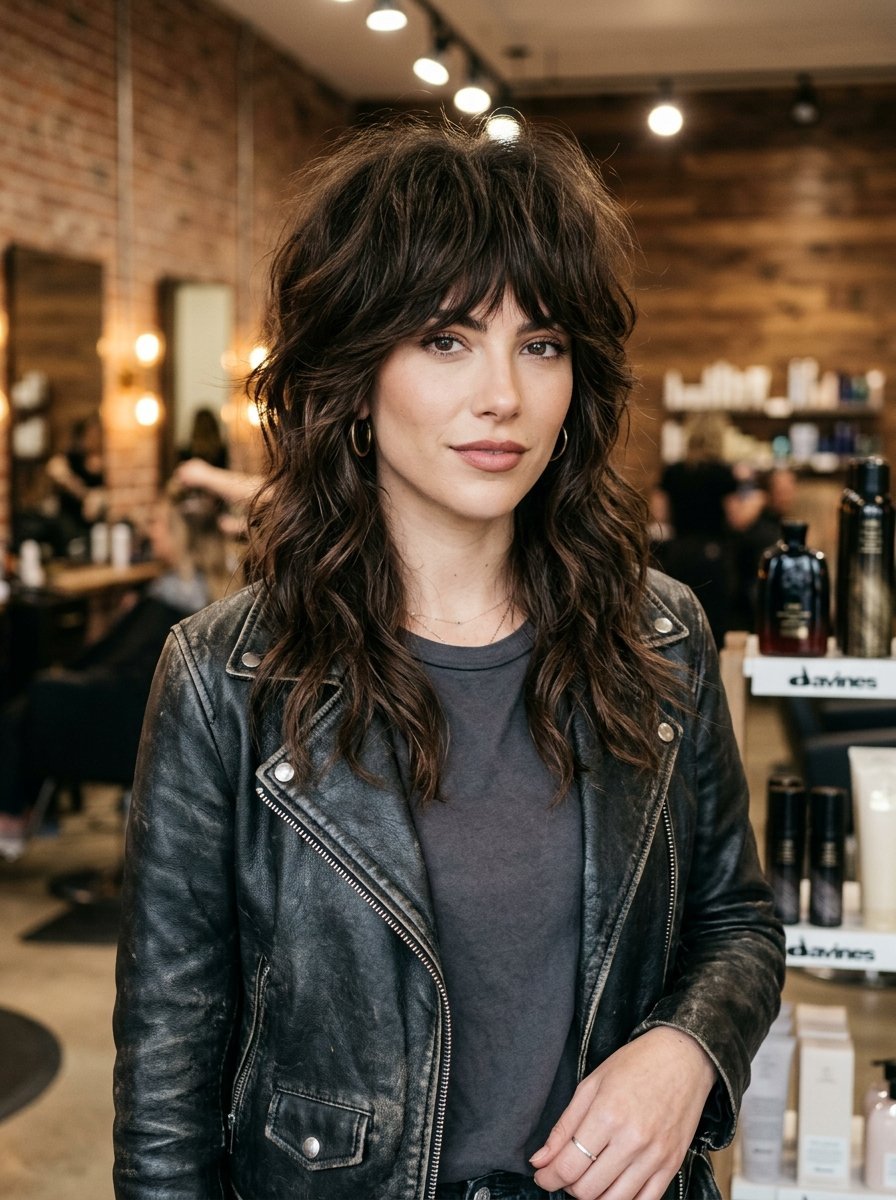 Portrait of a woman with long wavy brown hair and curtain bangs wearing a black leather jacket in a hair salon.