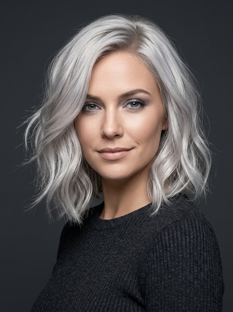 Close-up headshot of a smiling woman featuring textured, chin-length platinum grey hair against a dark background.