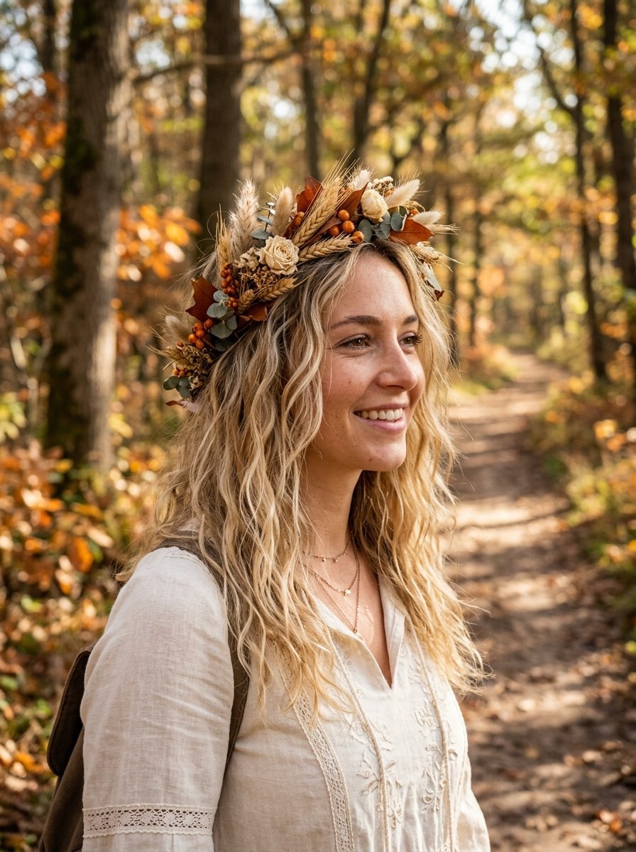 Blonde woman with wavy hair wearing a dried autumn flower headband while standing on a forest trail.