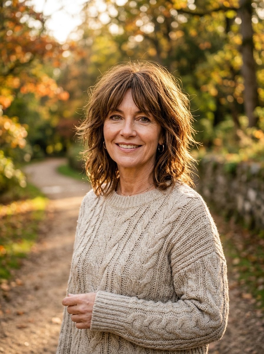 Portrait of a middle-aged woman in a warm beige sweater standing on a forest path during autumn.