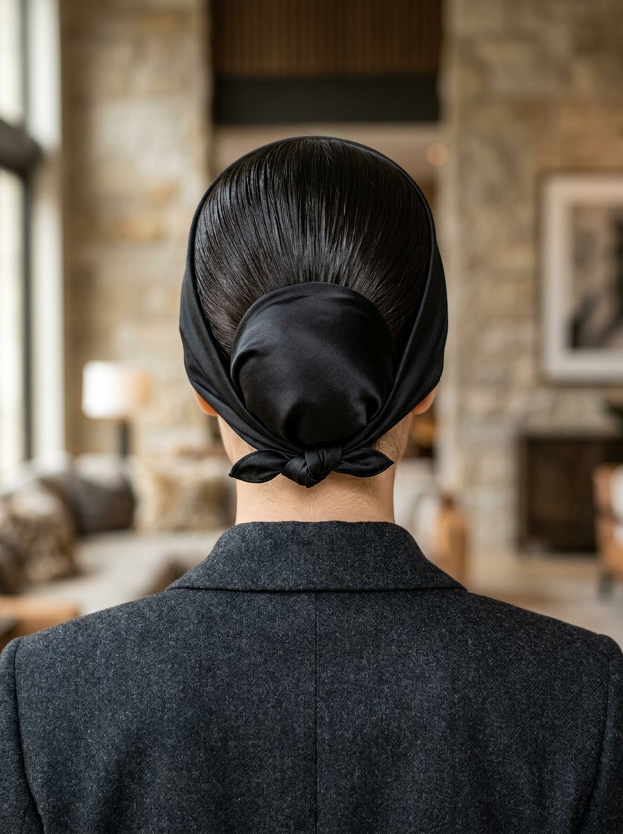 Close up view of the back of a woman's head featuring a smooth black silk scarf tied in a neat knot.