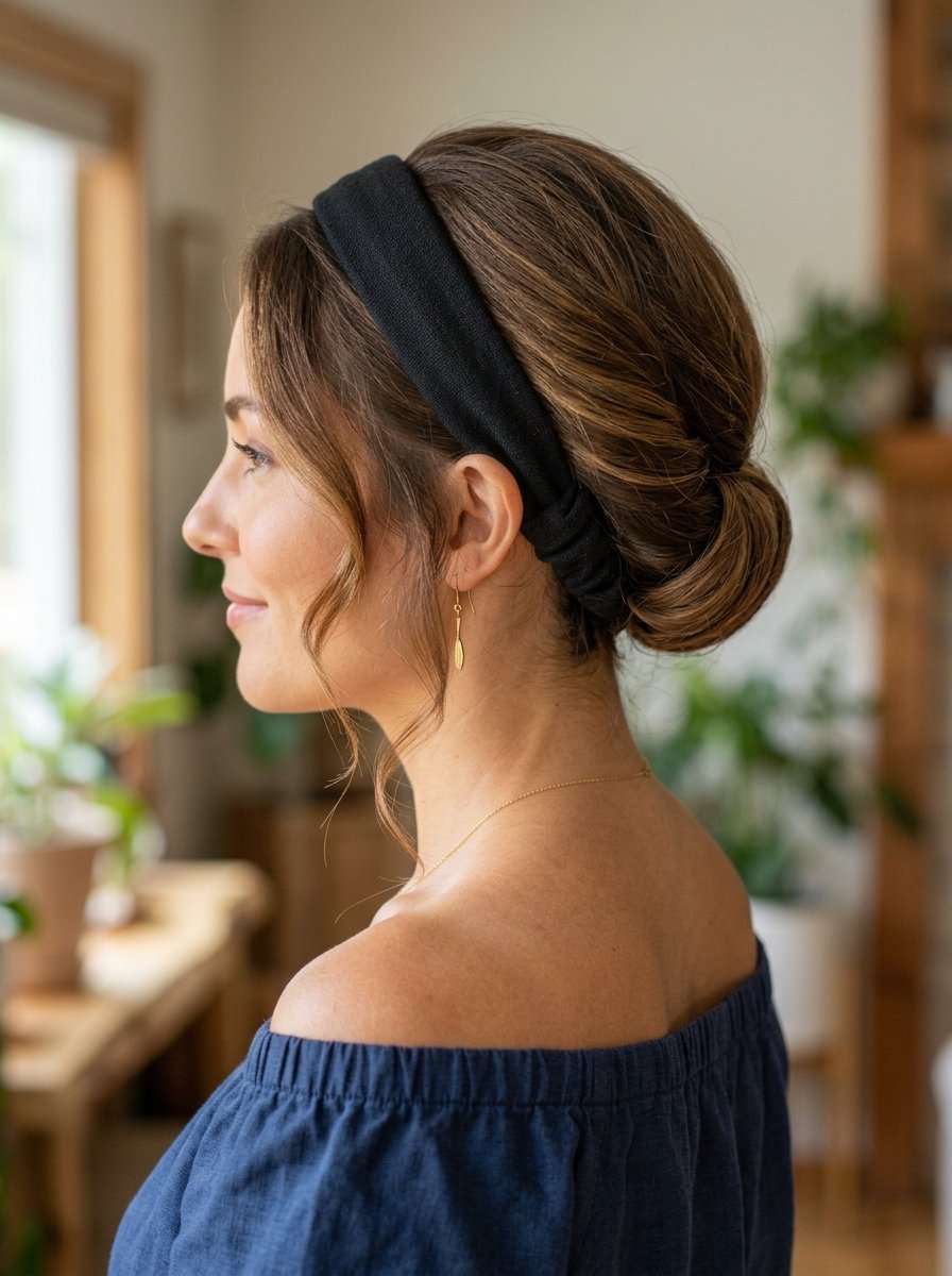 Close-up profile of a person with brown hair in a low bun wearing a wide black headband and gold paddle earrings.