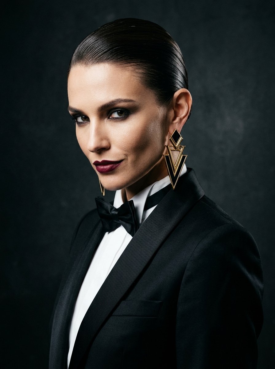 Close-up of a woman with slicked hair, dark makeup, and a black suit jacket posing against a dark background.