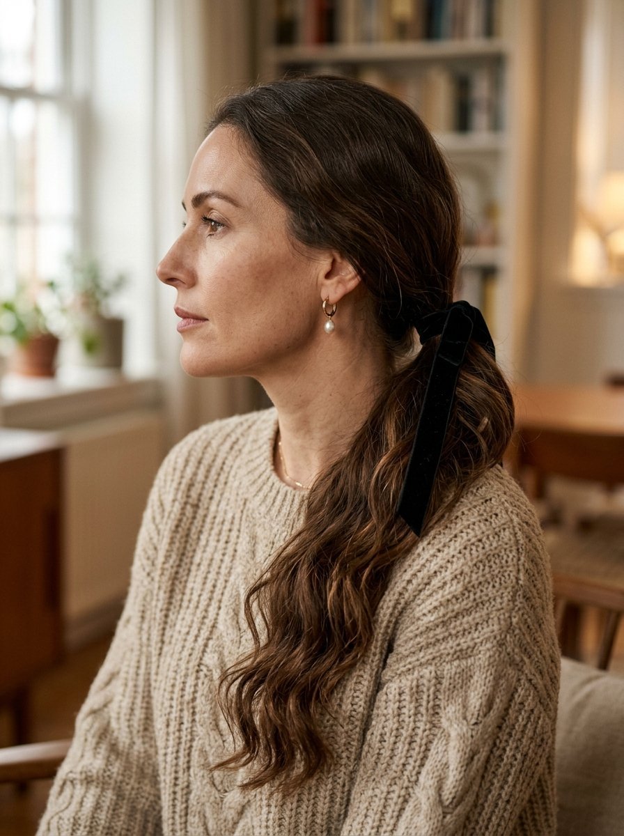 Side view of a woman with wavy hair pulled back with a black velvet bow and wearing pearl drop earrings.