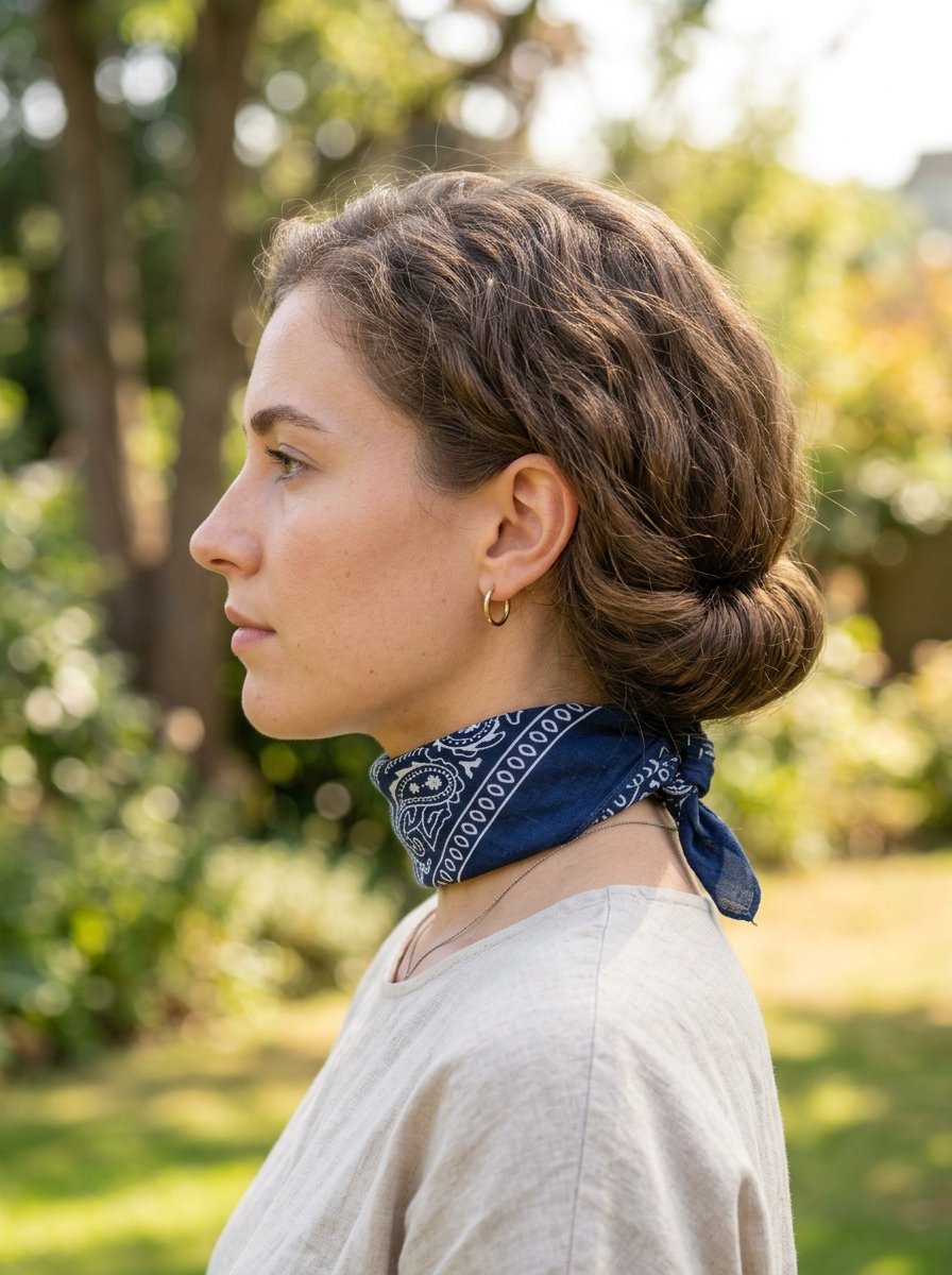 A woman with a low bun and a navy paisley neckerchief stands outdoors in a sunny park setting.