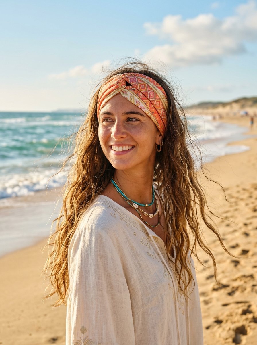 A woman with wavy hair and a vibrant headscarf stands smiling beside the ocean waves.