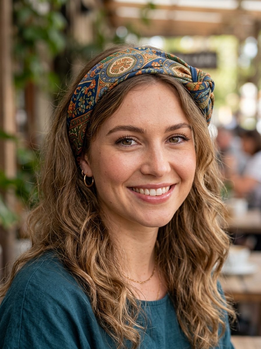 Portrait of a blonde woman smiling while wearing a blue and orange vintage-style knotted headpiece.