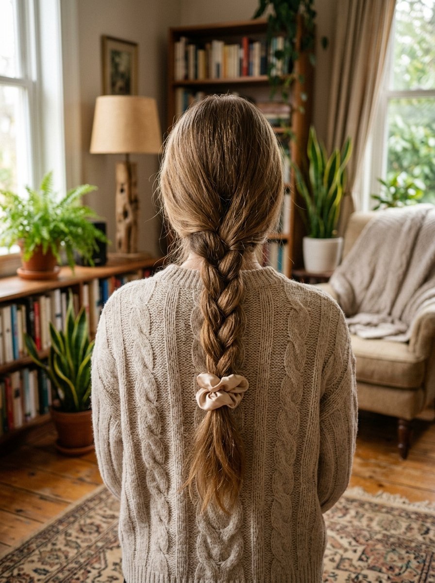 Back view of a person with long braided hair wearing a cable knit sweater in a cozy room with bookshelves and plants.
