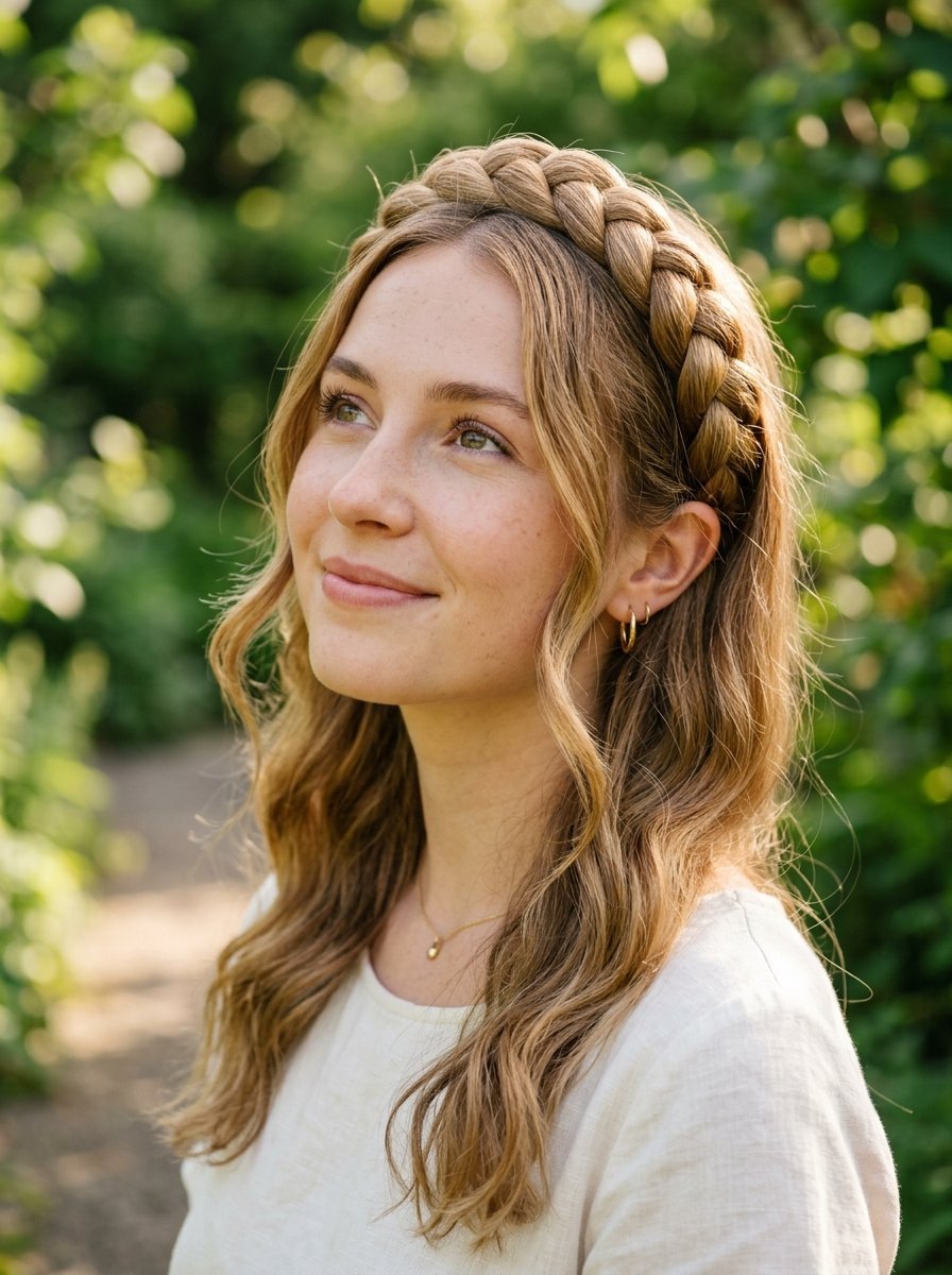 Close-up portrait of a girl with a braided hair headband standing outdoors in soft natural light.