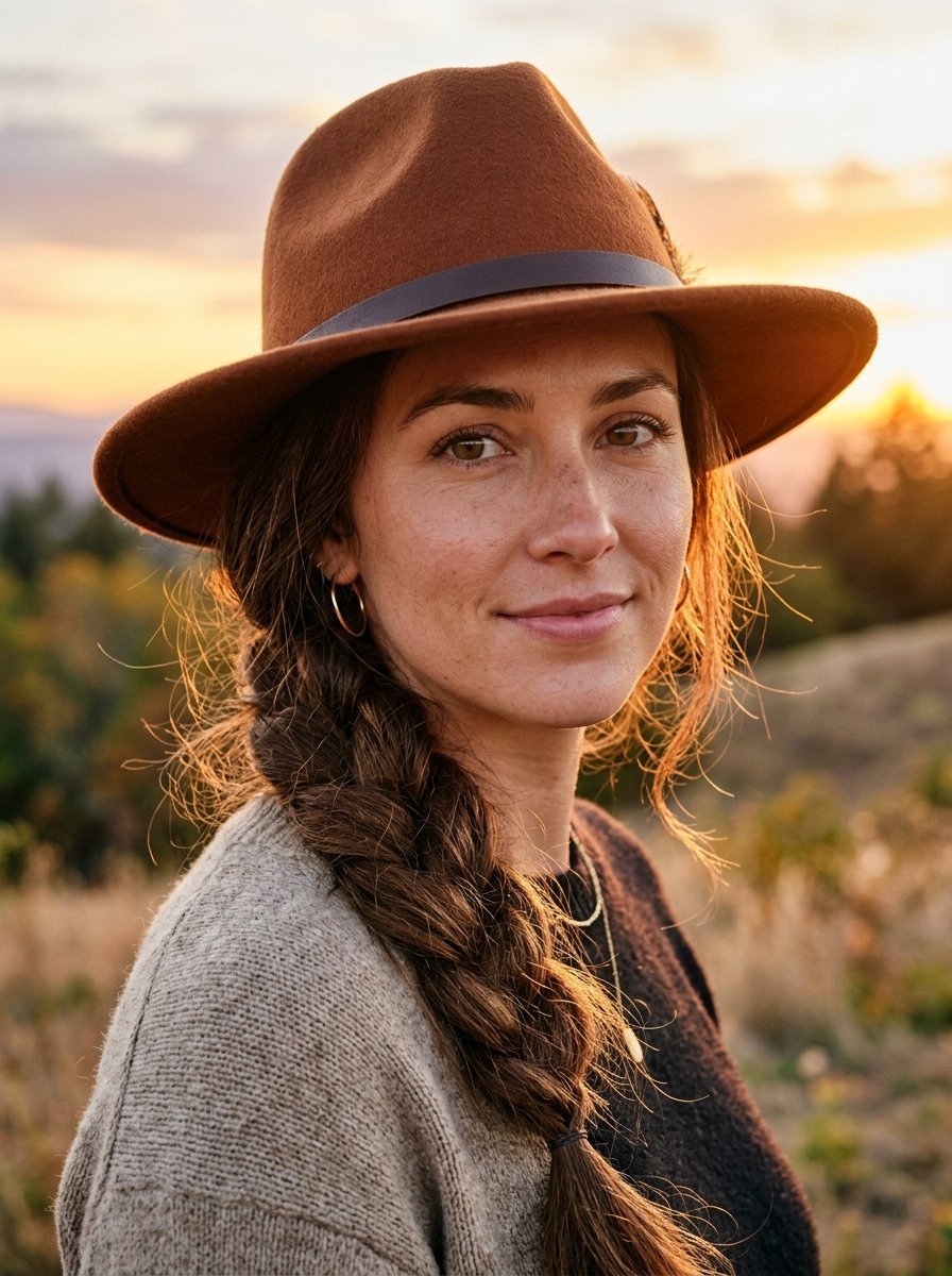Portrait of a smiling woman with braided hair and a felt fedora hat standing outdoors during a golden sunset.
