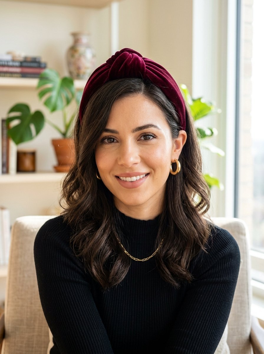 Portrait of a woman with dark wavy hair sporting a plush burgundy velvet accessory in a bright home office.