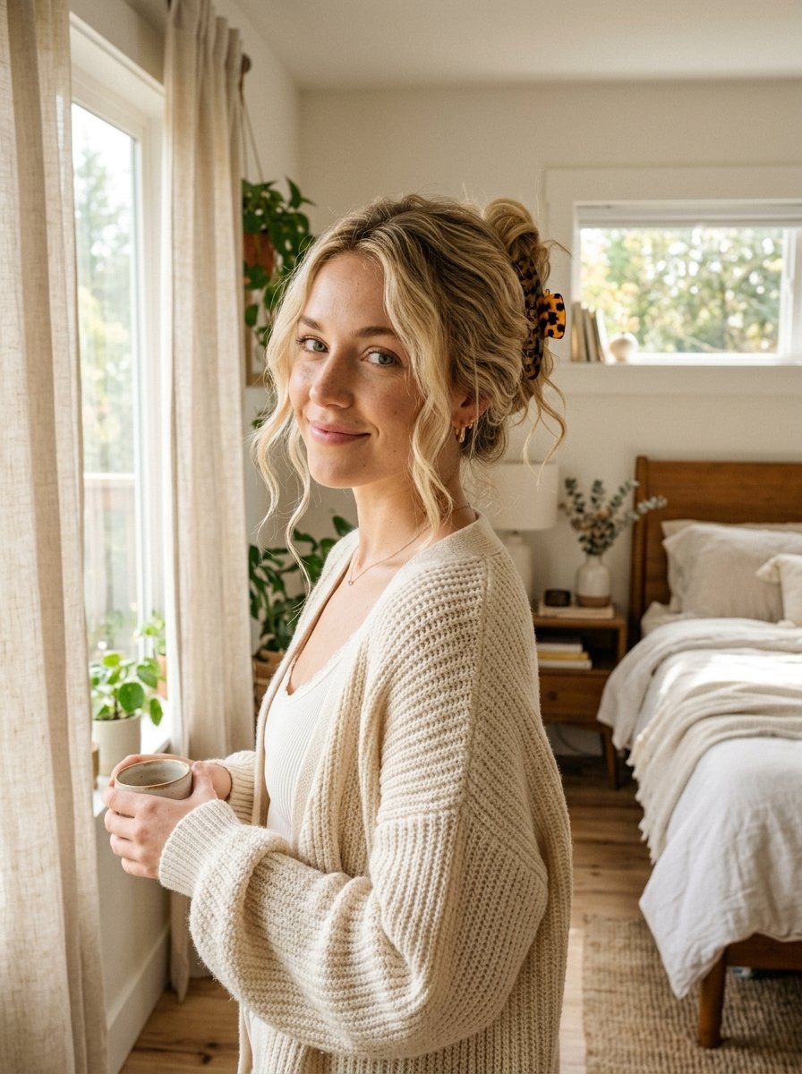 Blonde woman with hair in a claw clip smiles while standing by a bedroom window holding a small ceramic cup.
