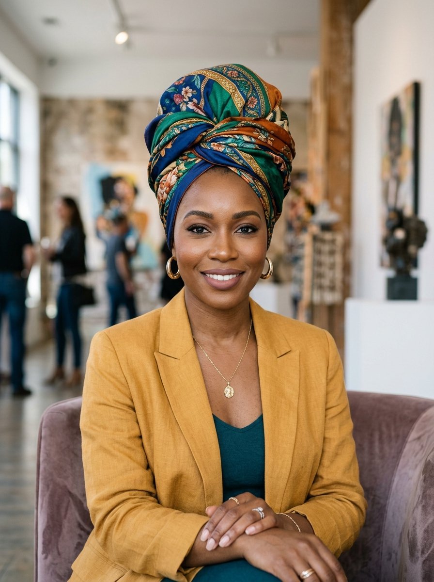 Portrait of a woman wearing an intricate patterned headwrap and yellow jacket sitting in an art gallery.