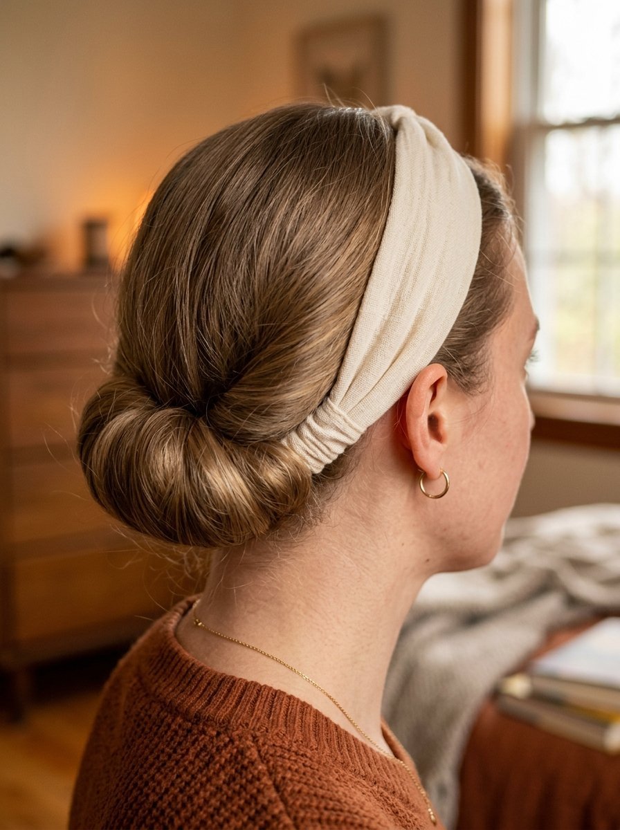 Close-up side profile of a woman with a clean low bun and wide off-white fabric headband.