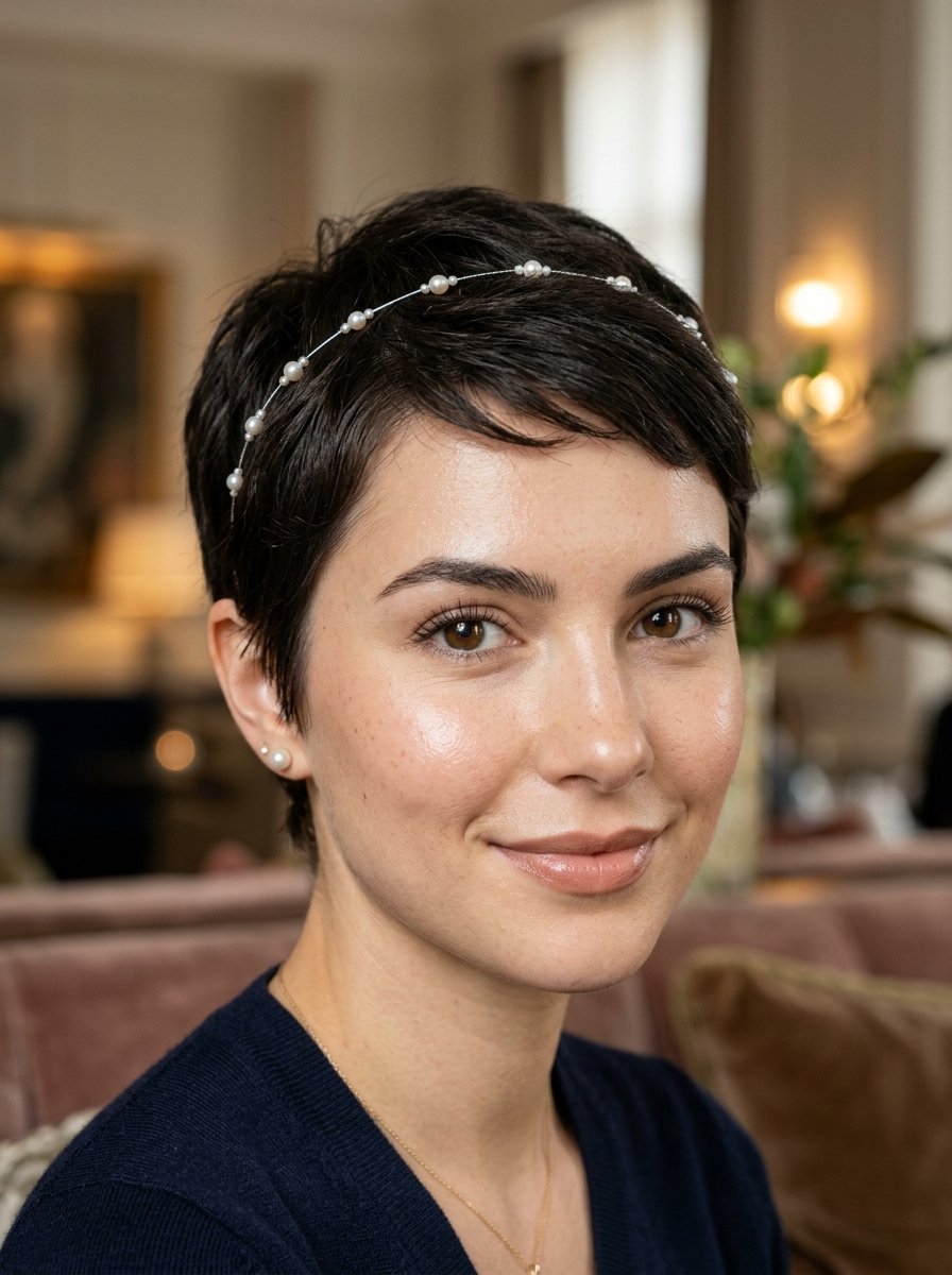 Portrait of a smiling woman with a pixie cut accessorized with a thin wire headband featuring small white pearls.