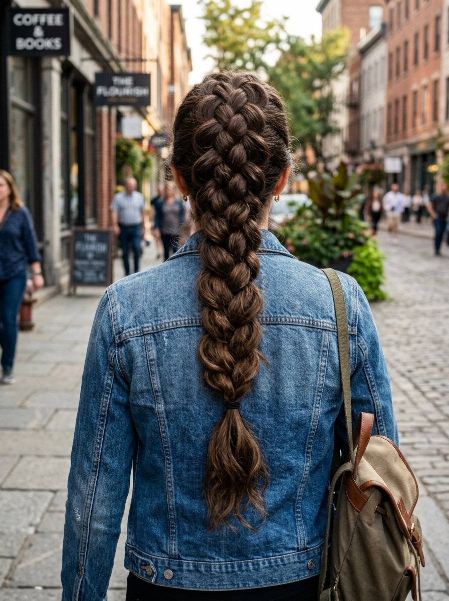 Back view of a person with long brown hair in a thick braid, wearing a blue denim jacket and a canvas backpack.