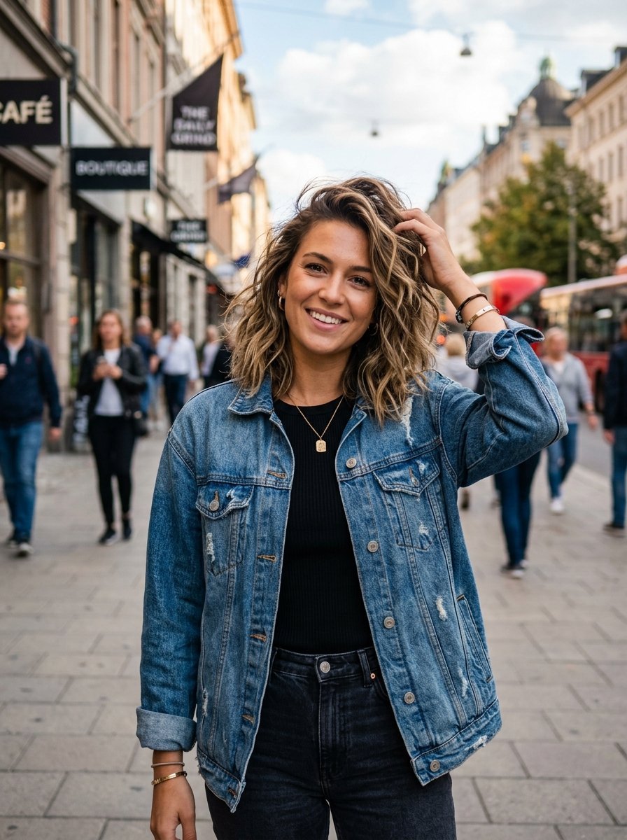 A smiling woman with wavy hair wearing a blue denim jacket and black shirt on a busy urban sidewalk.