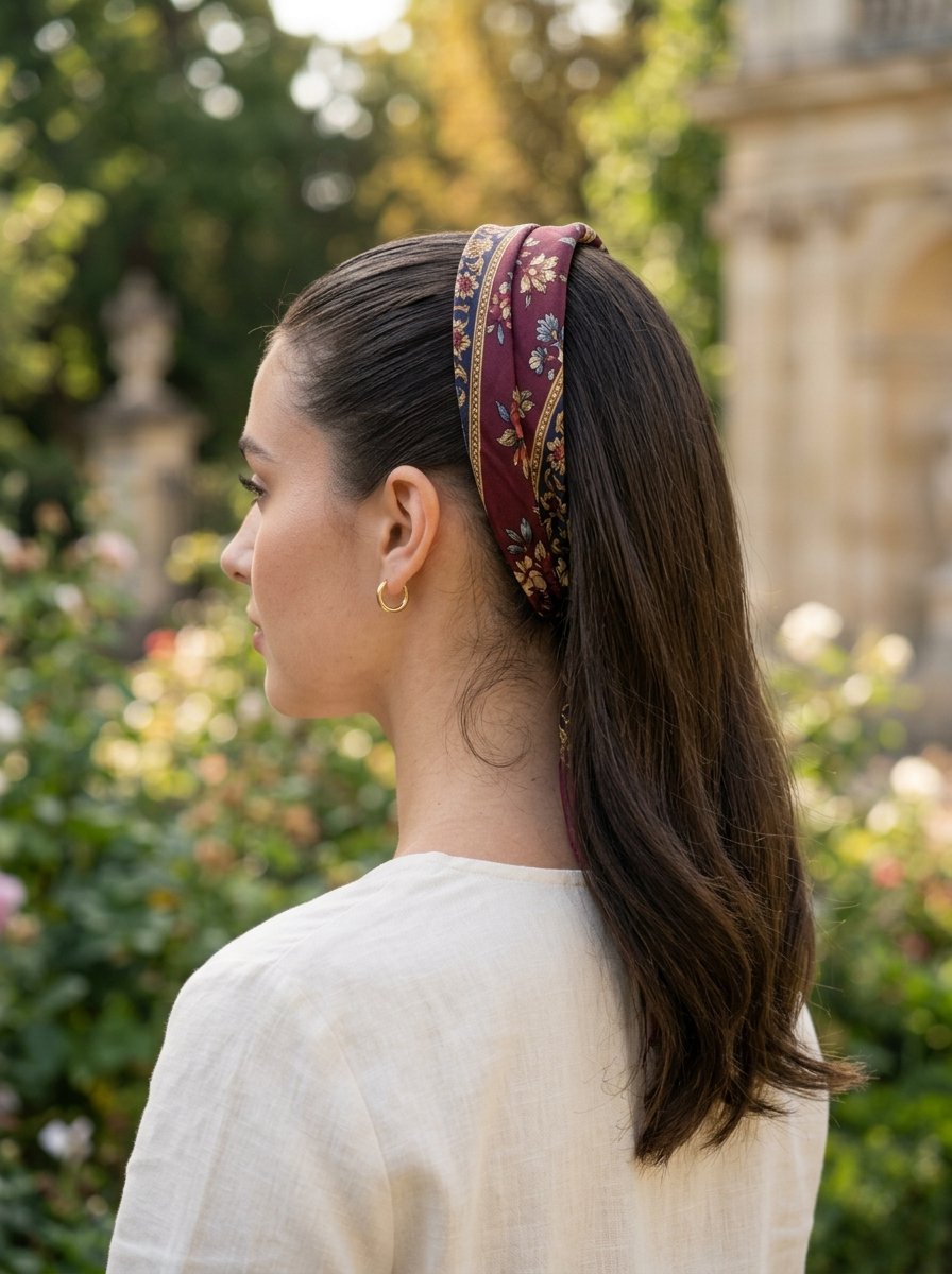 Close up of a woman from the side wearing a patterned maroon silk headband in her dark hair.
