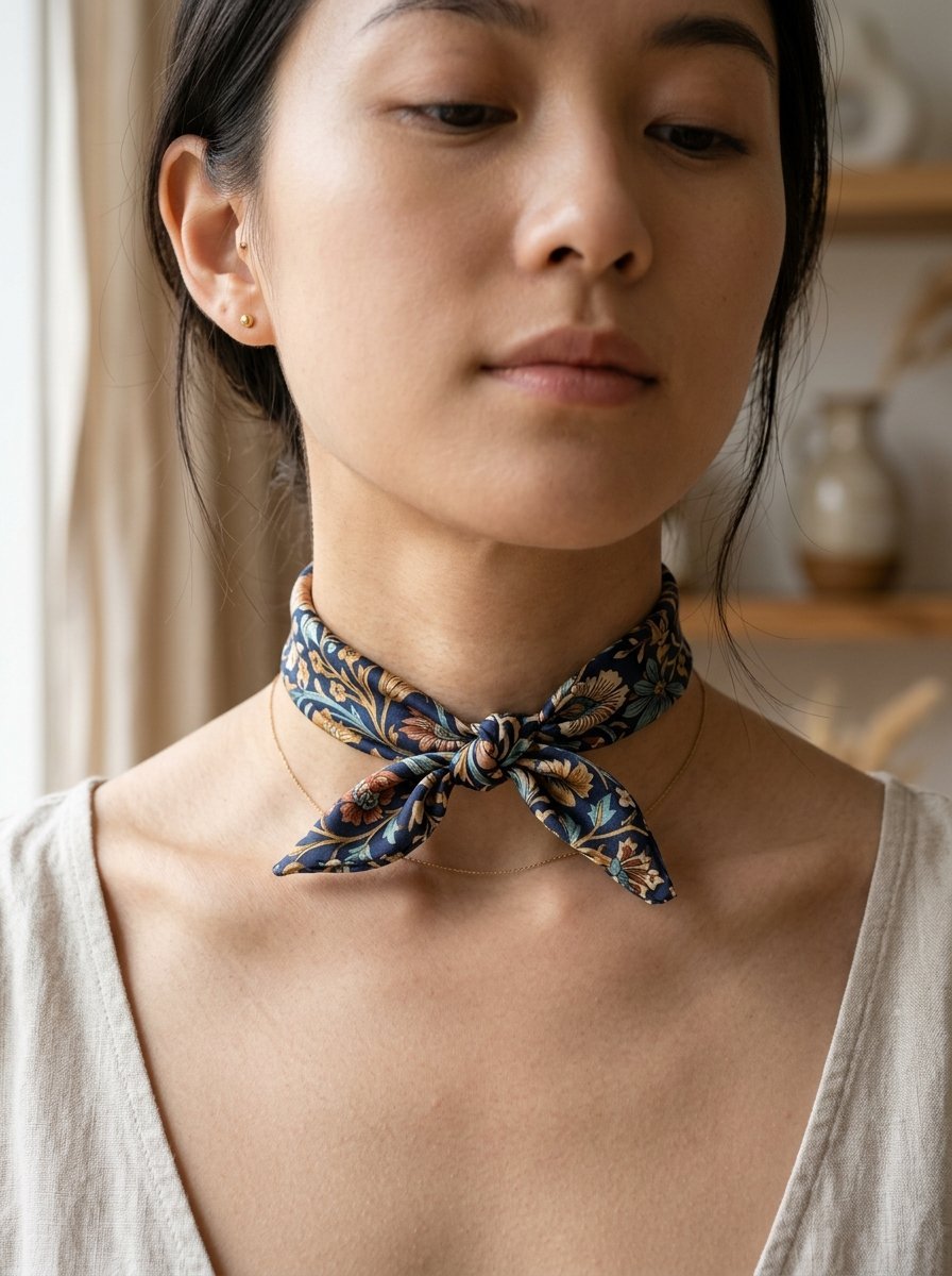 Close-up of a person wearing a navy blue scarf with a vintage-style floral pattern tied in a knot around their neck.