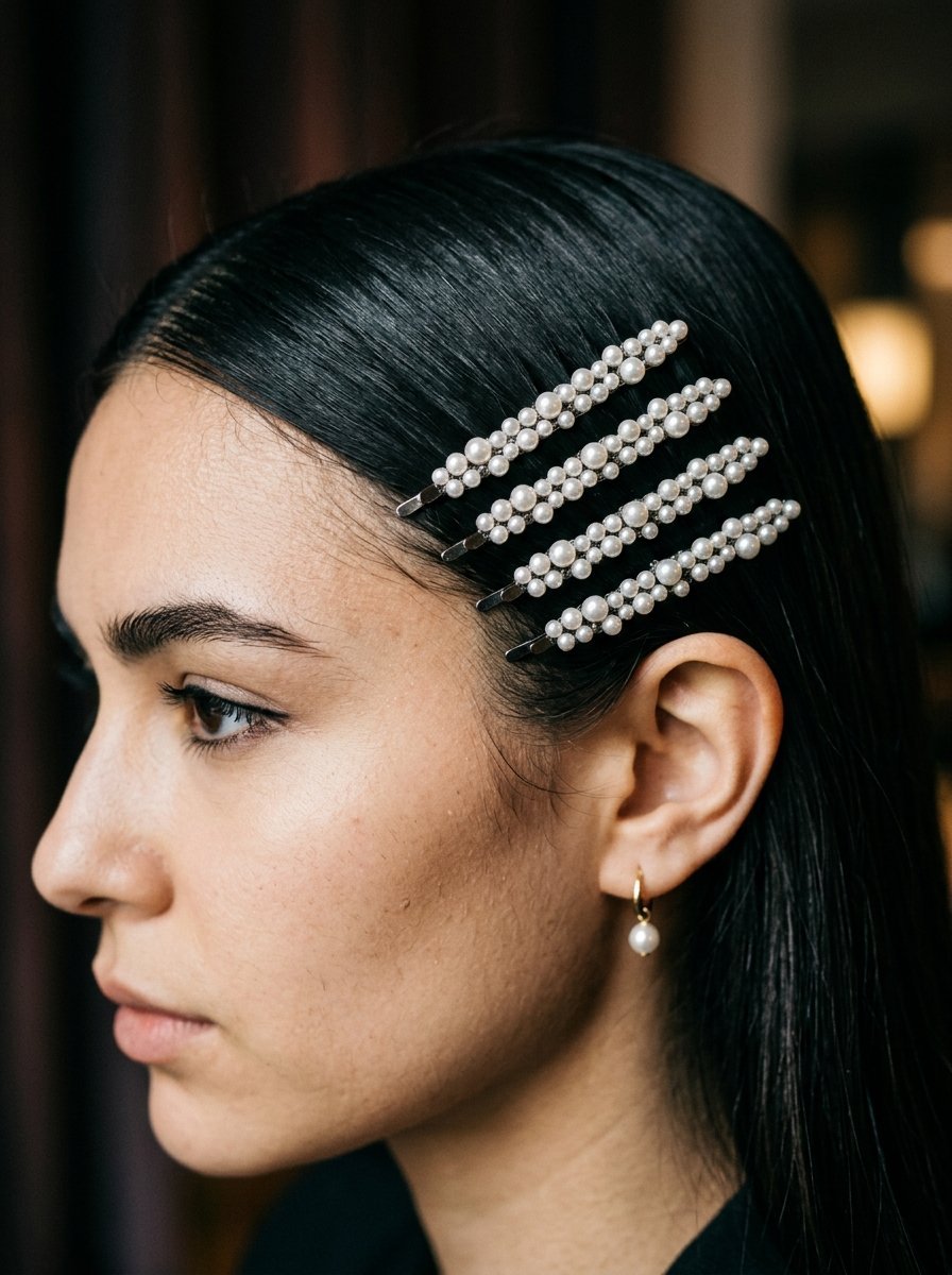Close up profile of a woman with dark hair pinned back by four matching faux pearl barrettes and small pearl earrings.