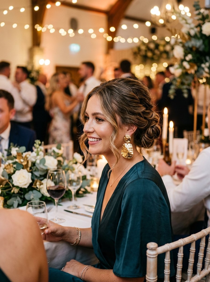 Smiling woman with an updo hairstyle and textured gold earrings seated at a candlelit wedding reception dinner.
