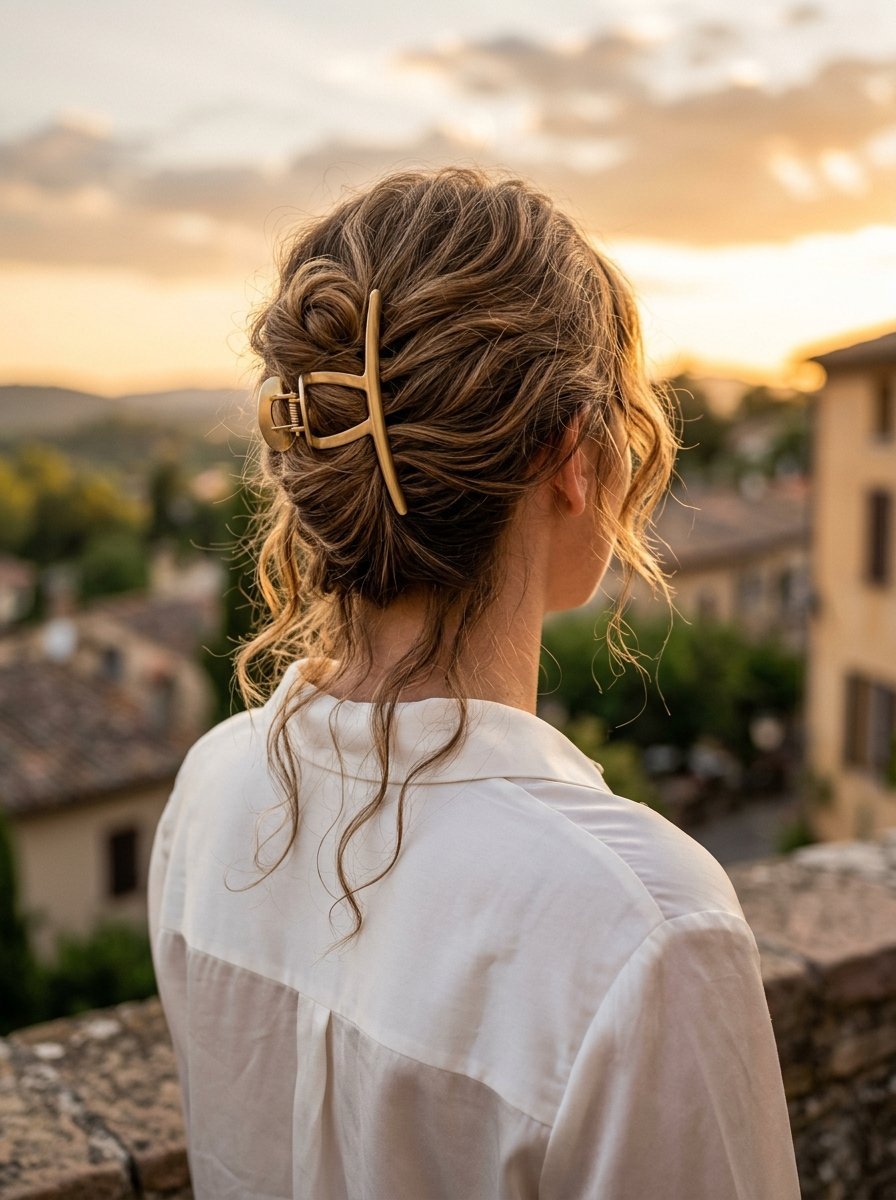 Back view of a person with an updo hairstyle secured by a matte gold hair clip during golden hour sunset.