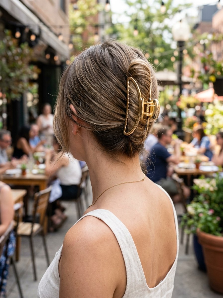 Close up of a woman from behind with her hair held up by a shiny gold metal claw clip.