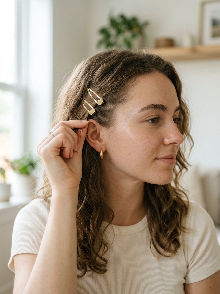 Close up of a woman wearing two minimalist gold hair barrettes in her wavy brown hair.