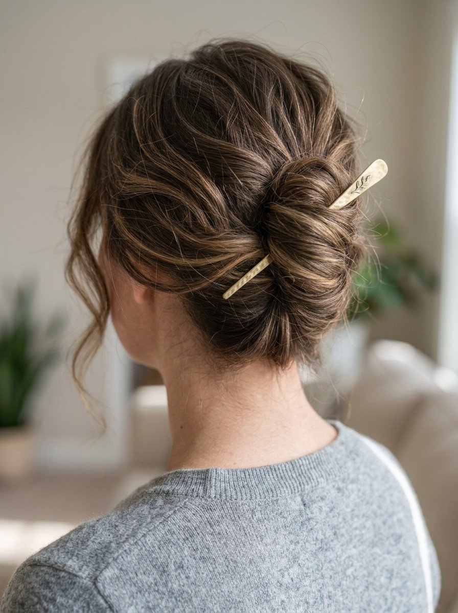 Back view of a woman with highlighted brown hair styled in an elegant messy bun using a hammered metal hairpin.
