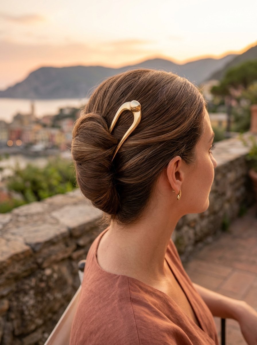 Close up of a woman from behind with a low bun secured by a shiny gold metal hairpin at sunset.