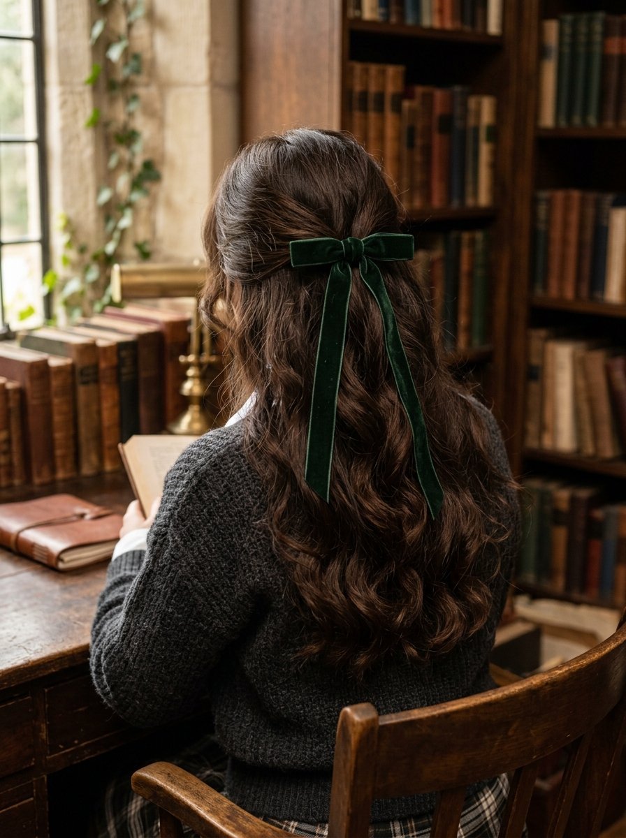 Back view of a person with wavy brown hair styled with a long emerald green velvet ribbon bow in a study room.