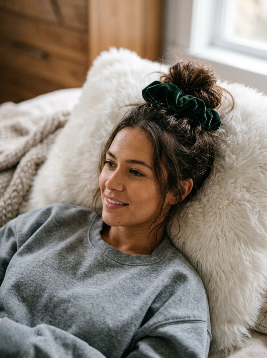 Close up of a woman in a grey sweatshirt resting against a fluffy white pillow with a dark green hair accessory.