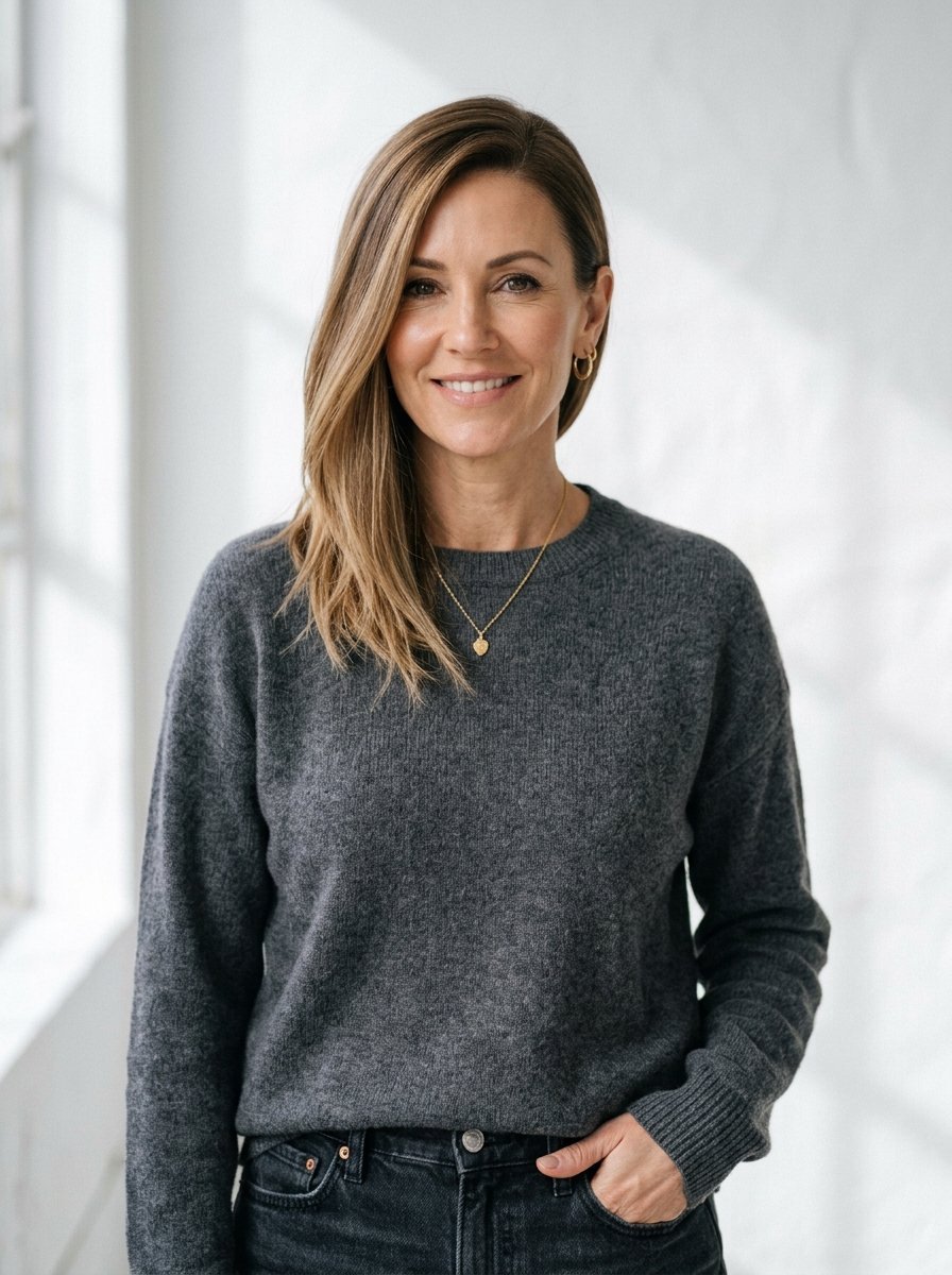 Portrait of a woman with long hair wearing a grey knit sweater and gold necklace.