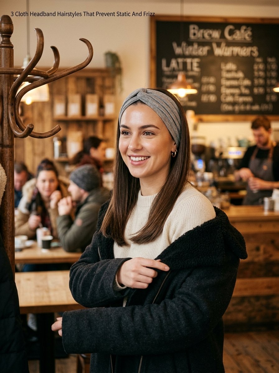 Smiling woman with straight brown hair wearing a wide grey fabric headband inside a cafe.