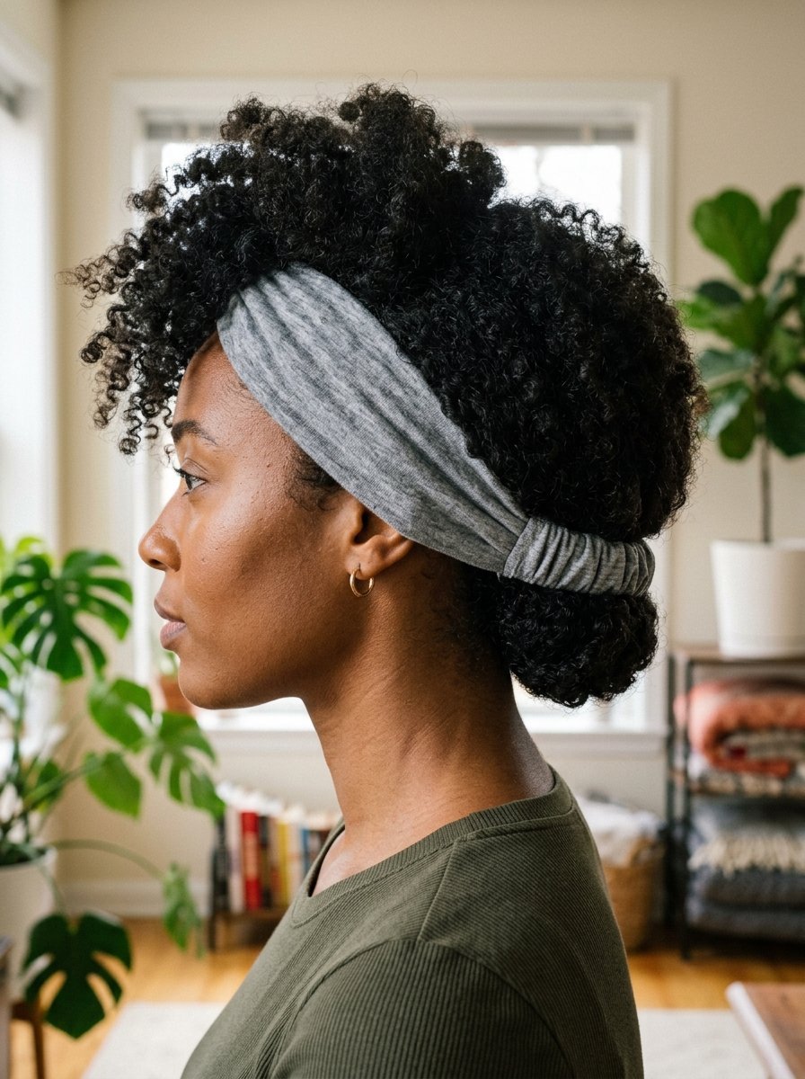 Profile view of a person with tight dark curls and a textured heather grey fabric headband.