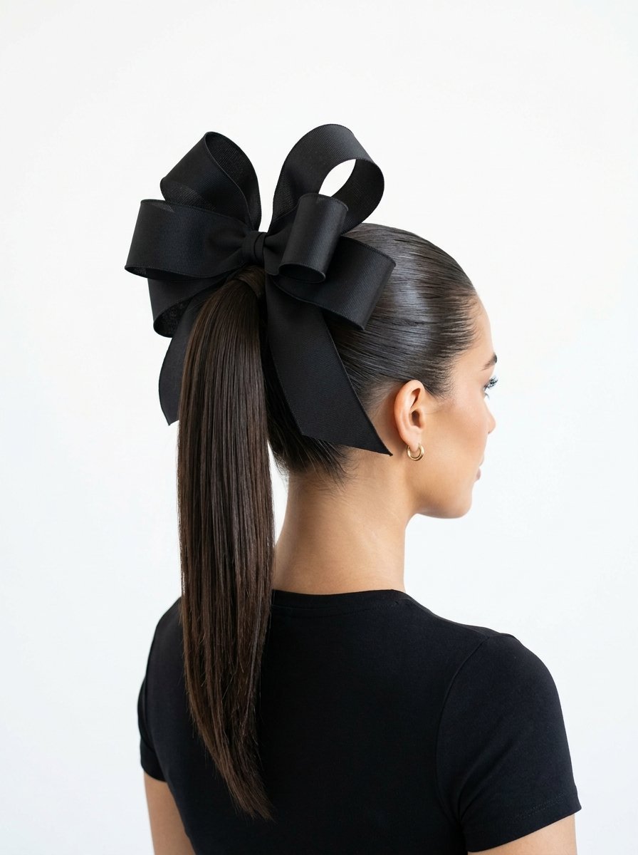 Back view of a woman with brunette hair in a high ponytail adorned with a voluminous black grosgrain hair bow.