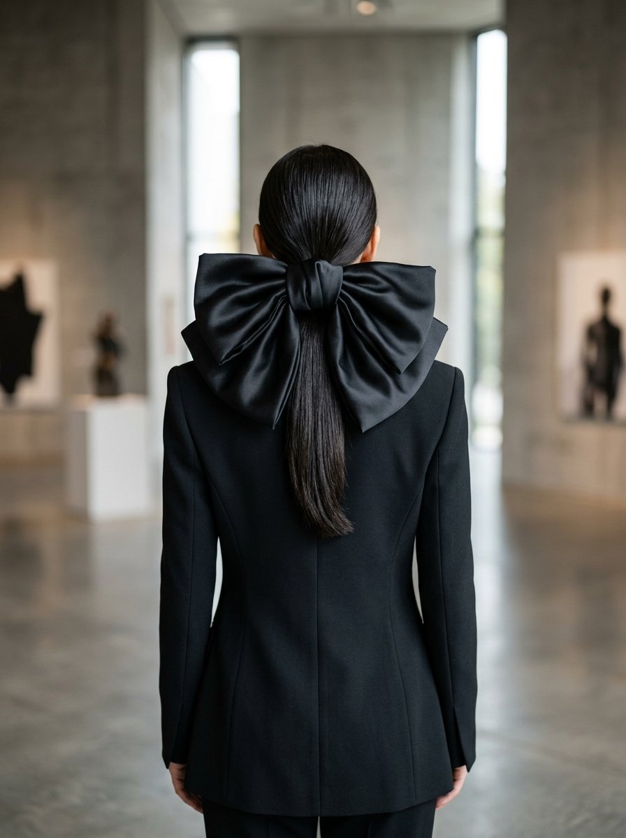 Back view of a person with straight dark hair styled in a ponytail with an oversized satin bow in an art gallery.