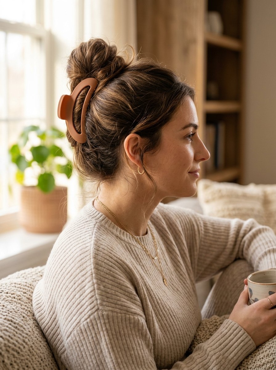 A woman in a beige sweater relaxes indoors with her hair pulled up in a terracotta-colored claw accessory.