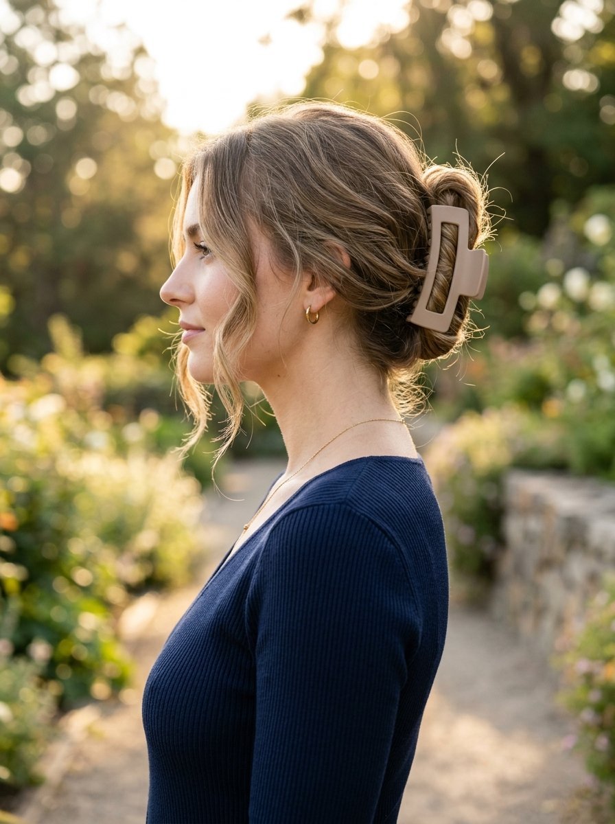 Side profile of woman with blonde hair in a messy bun secured by a square light brown matte hair clip.