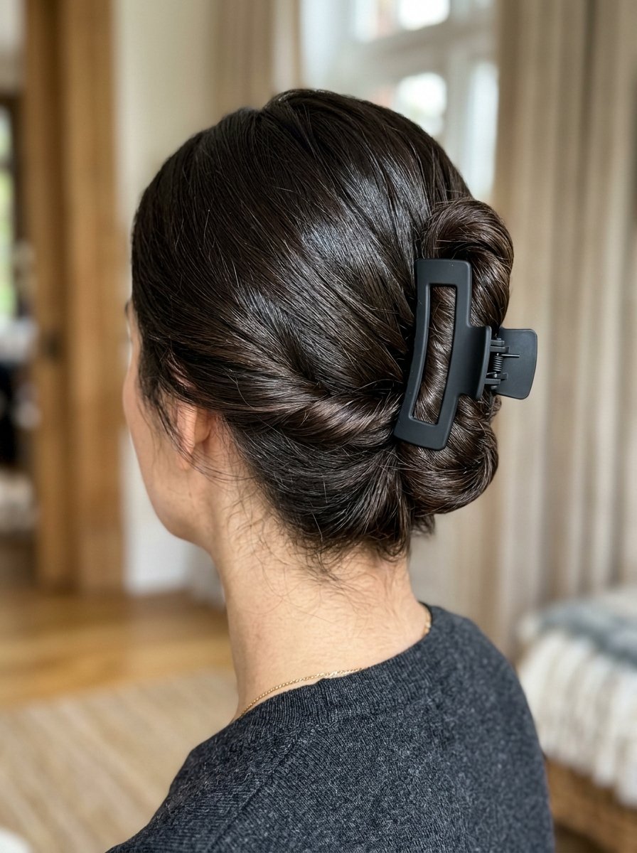A person viewed from behind with dark hair styled in a chic twist held by a matte black rectangular hair accessory.