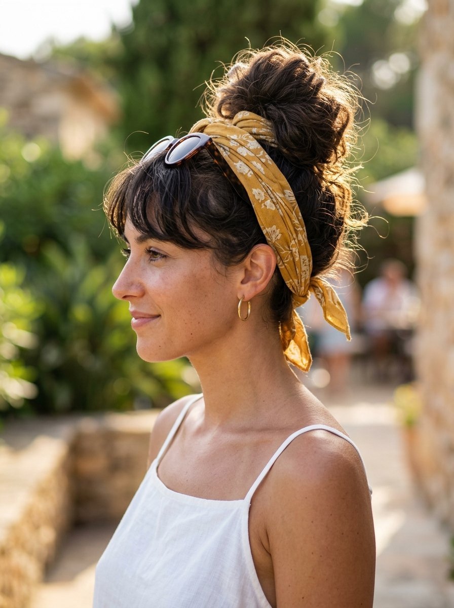 Profile view of a woman wearing a mustard patterned hair scarf, white tank top, and gold hoop earrings outdoors.