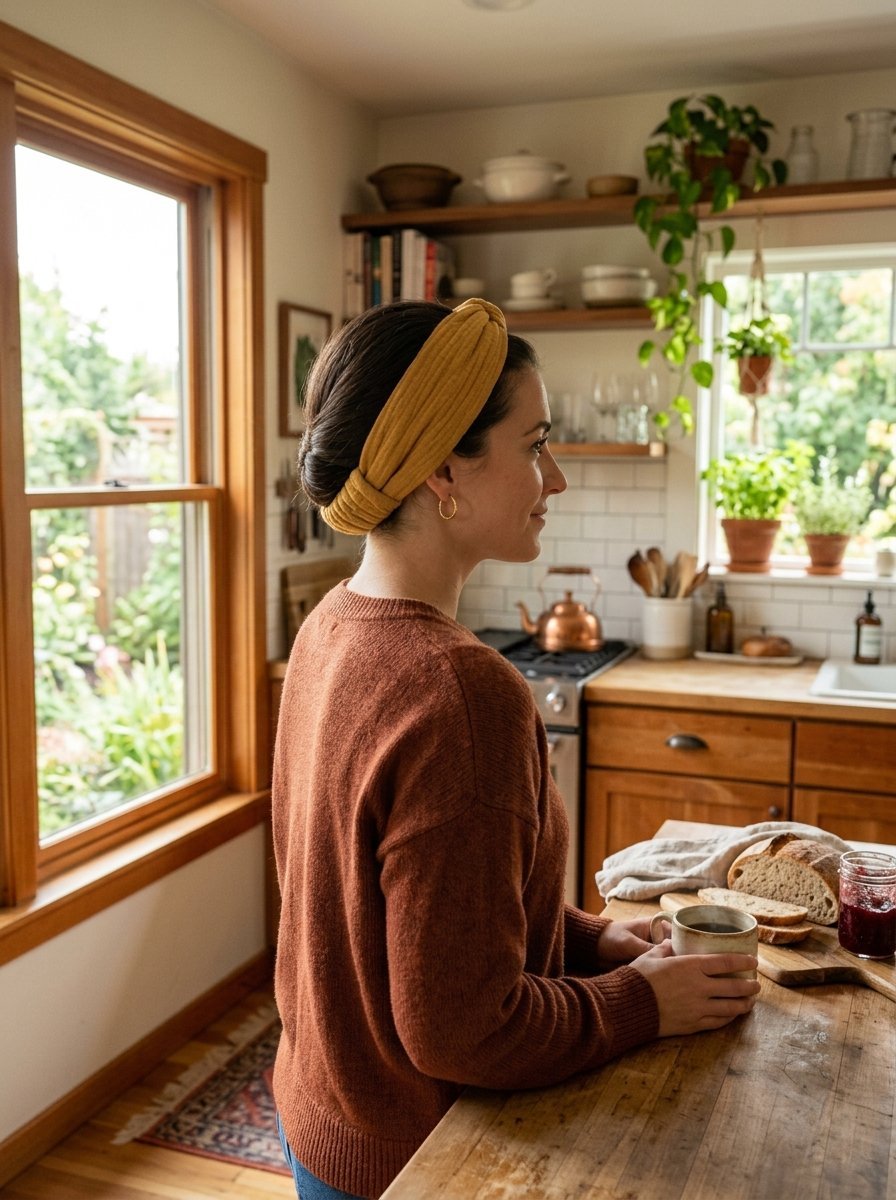 Side profile of a woman holding a coffee mug in a sunlit kitchen with a yellow knotted fabric headband.