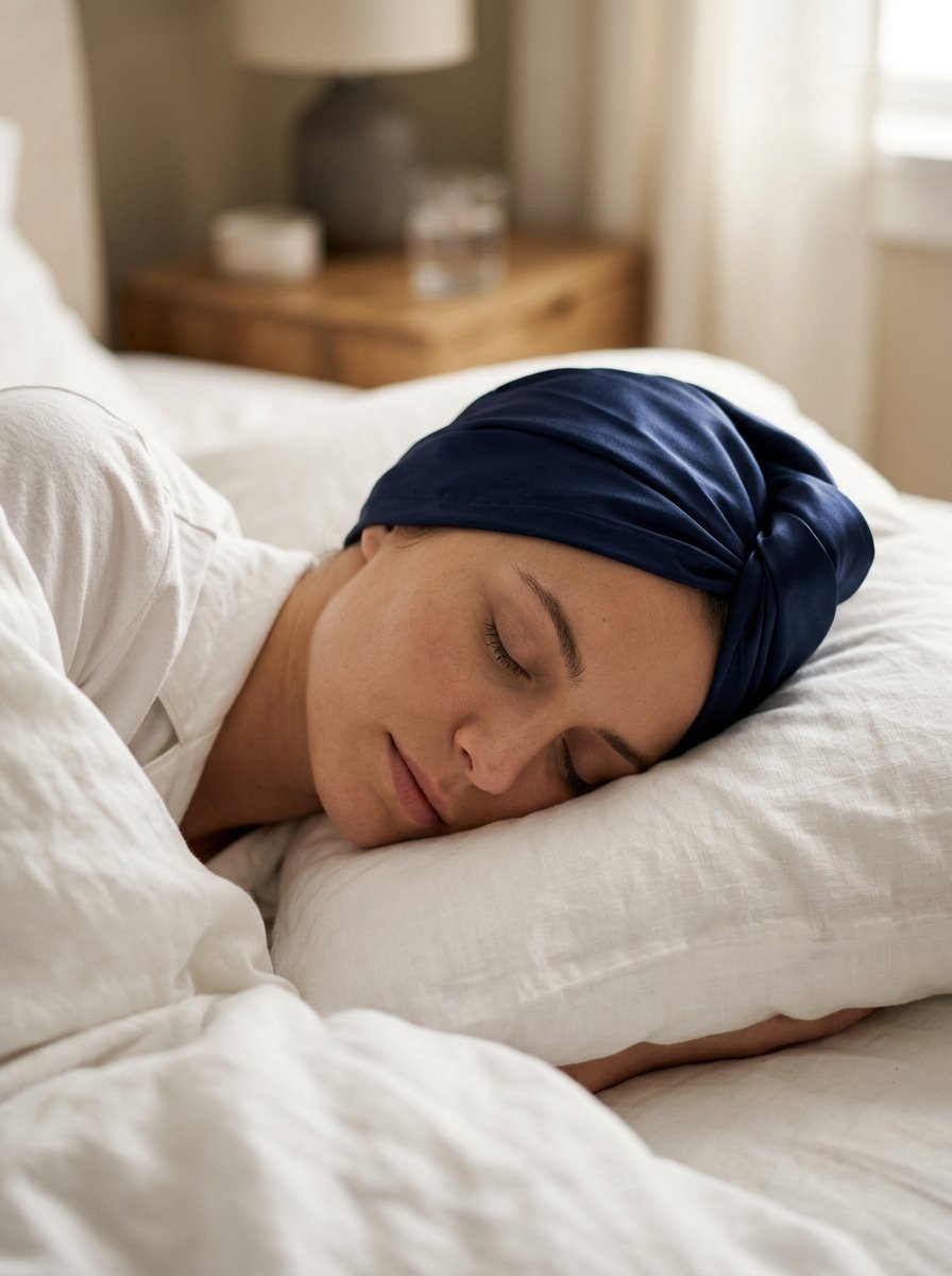 Close-up of a person with closed eyes sleeping in bed using a dark blue satin hair wrap.