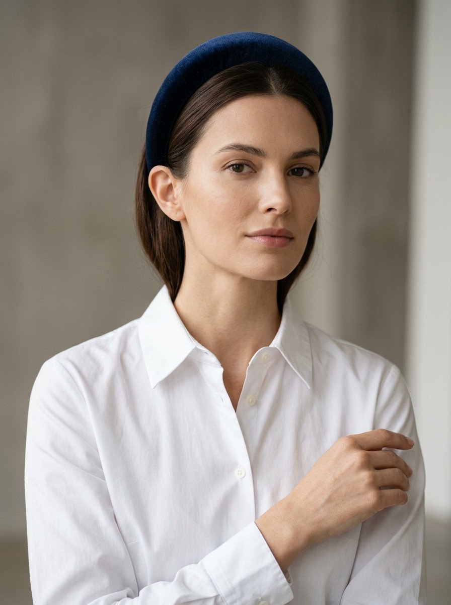 Close up of a woman in a crisp white button-down shirt wearing a thick navy blue velvet hair accessory.