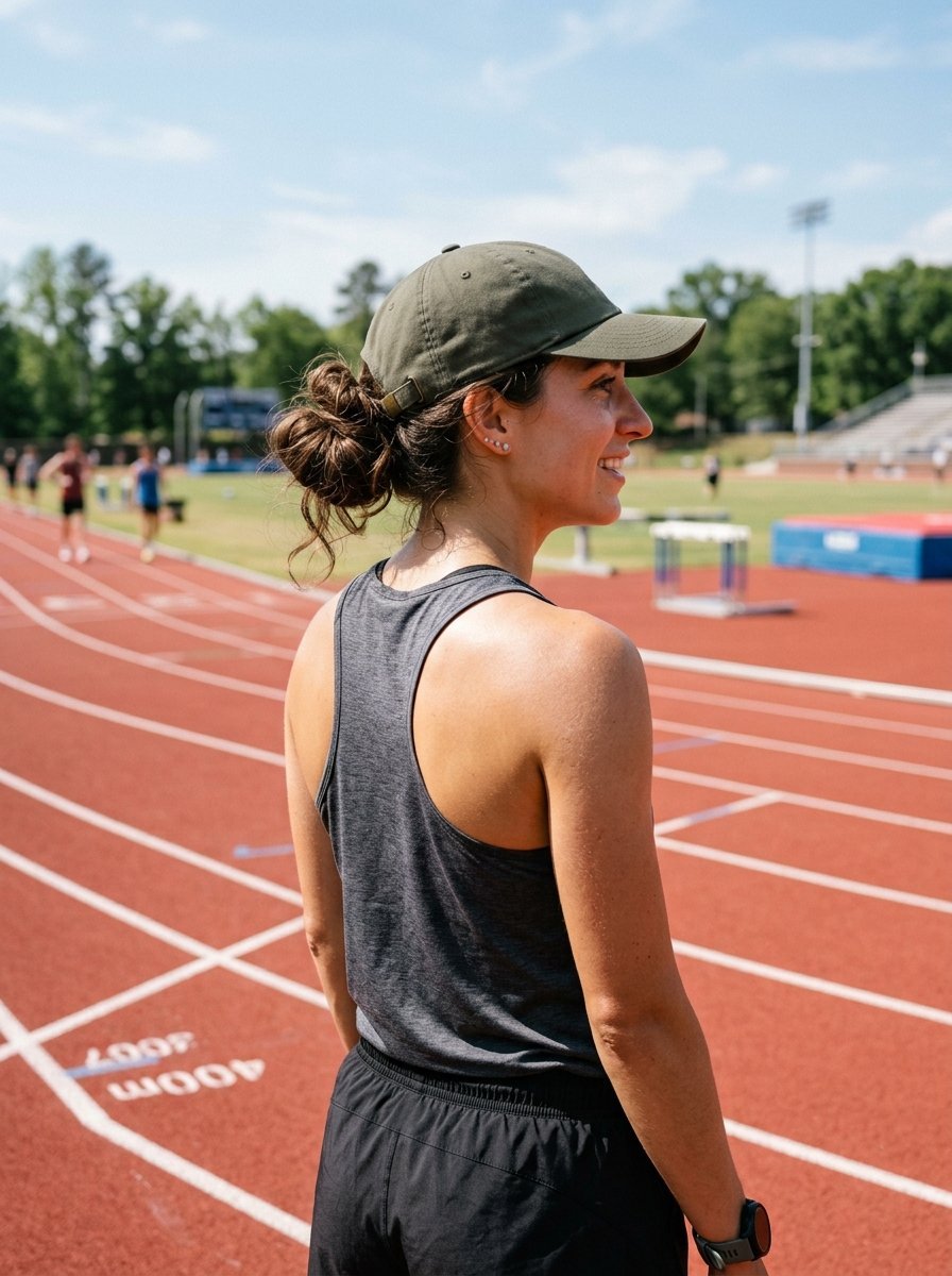 A woman in a grey tank top and olive baseball cap looks across a red athletic track during the day.