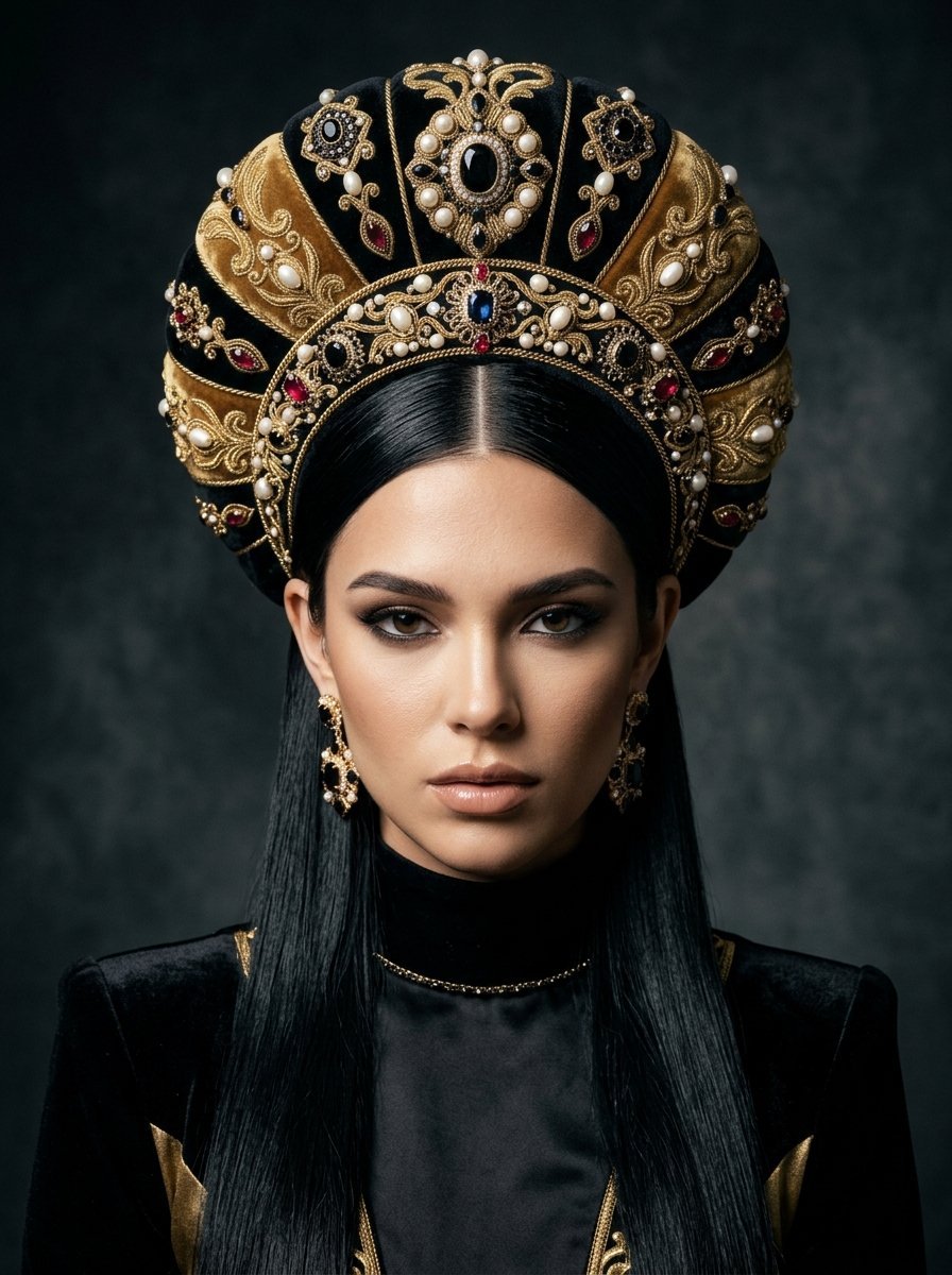 Portrait of a woman with long dark hair wearing a jeweled black and gold traditional kokoshnik headpiece.