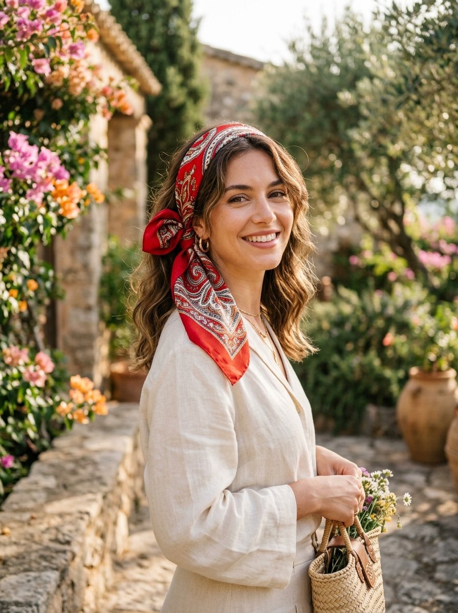 Portrait of a smiling woman with wavy hair wearing a red paisley headscarf and beige linen shirt in a garden.