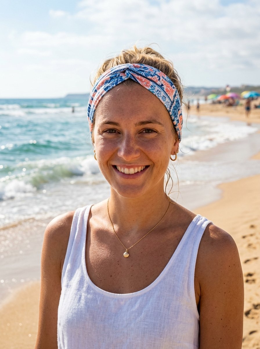 Portrait of a woman wearing a blue and orange patterned headband while standing on a sandy beach by the sea.