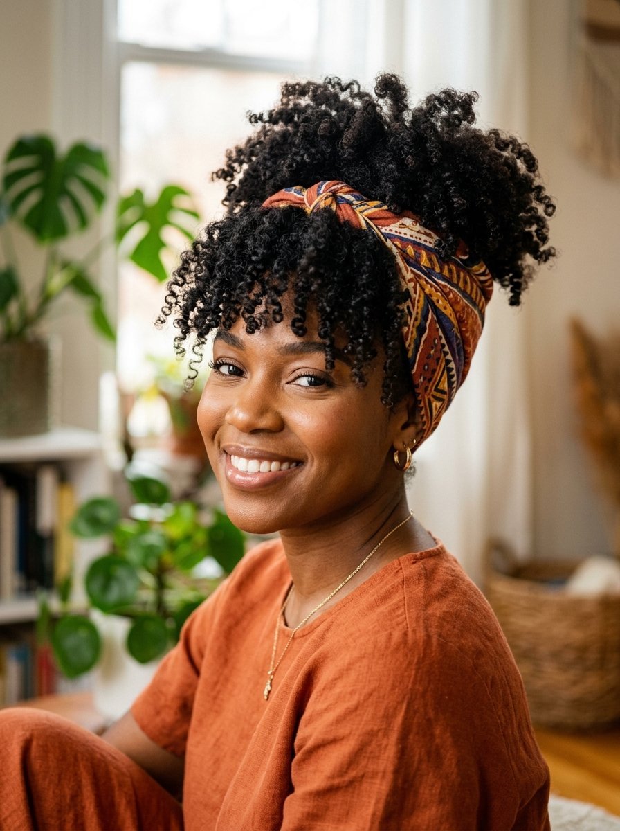 Close-up portrait of a Black woman with curly hair styled in a patterned fabric headwrap in a sunlit room.
