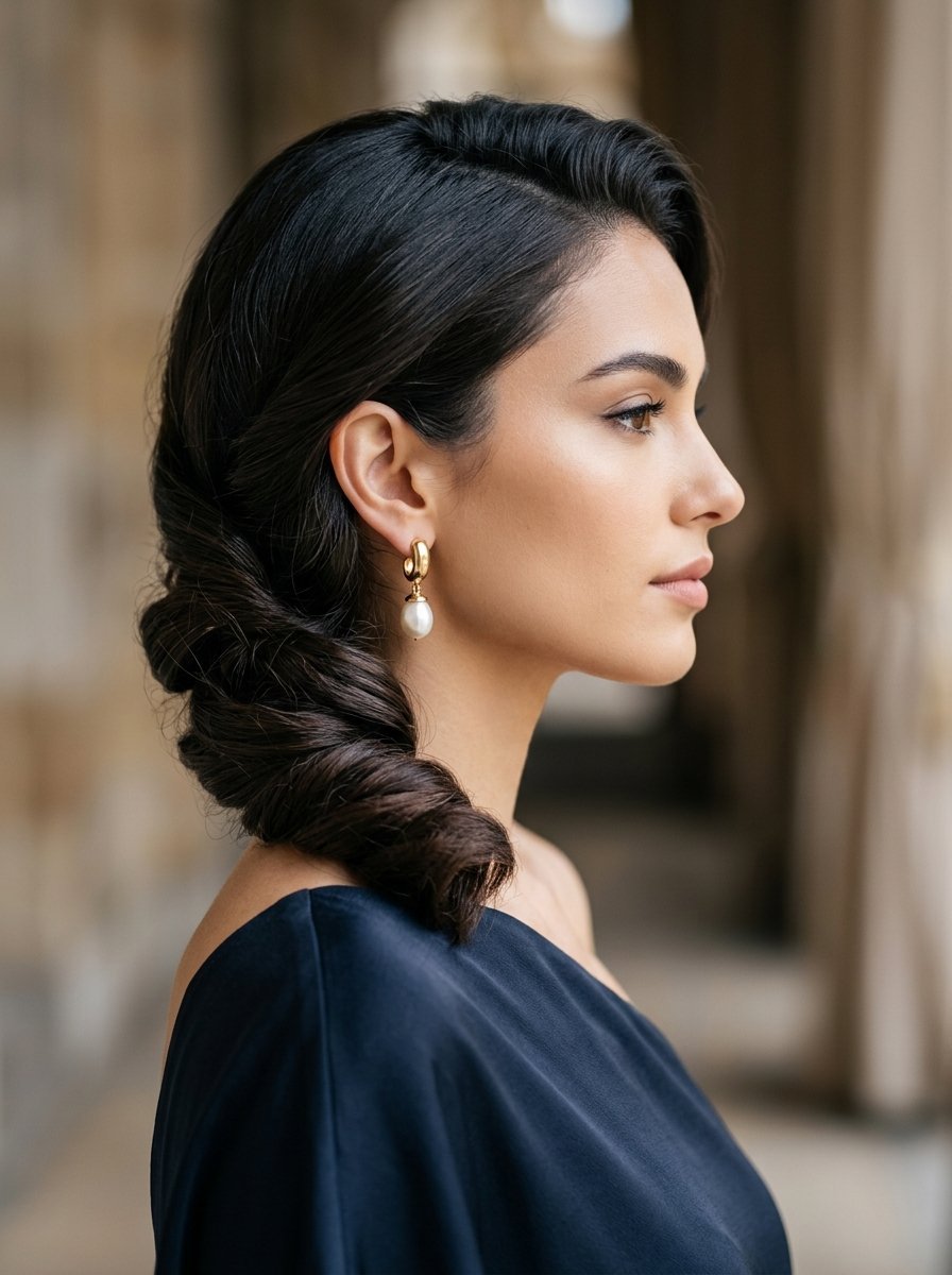 Portrait of a woman with dark hair in a twisted side ponytail wearing gold and pearl drop earrings.